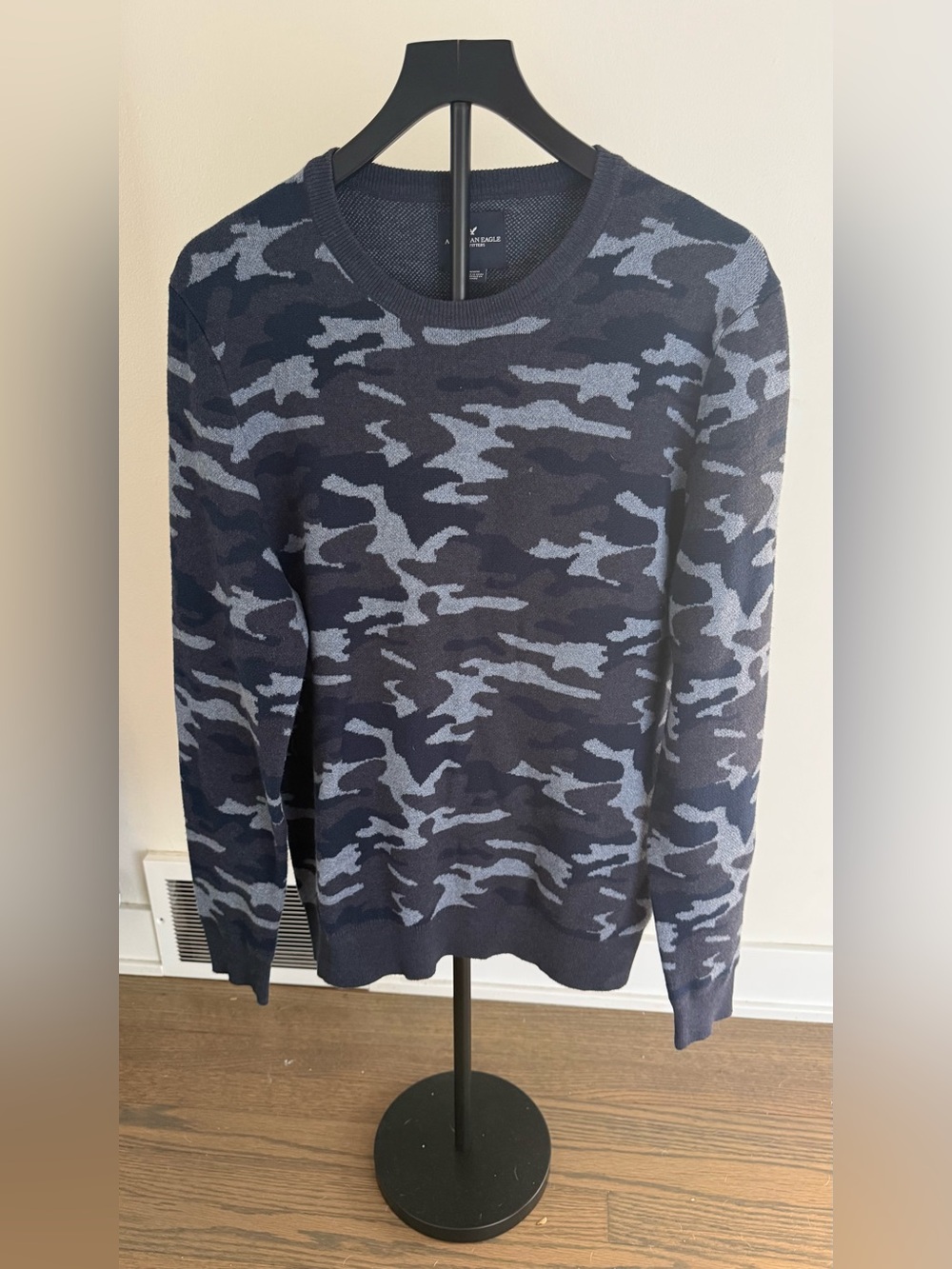 American Eagle Outfitters Navy and Light Blue Camo Crewneck Sweater